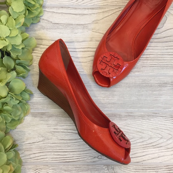 Tory Burch Shoes - Tory Burch Orange Sally Patent Leather Peep Toe